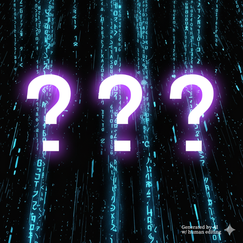 Illustration of three question marks in front of a background of code gibberish
