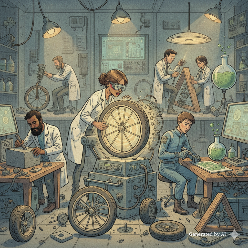 Scientists working in a lab, all of them working on wheel, but separately